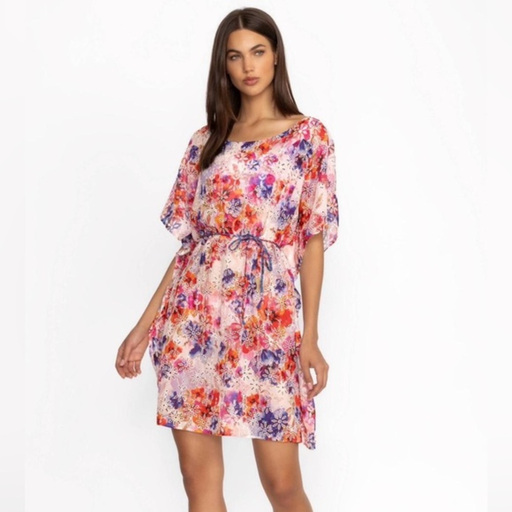 Women's Johnny Was Summer Days Eyelet Mini Dress Small Watercolor Batwing‎ Silk